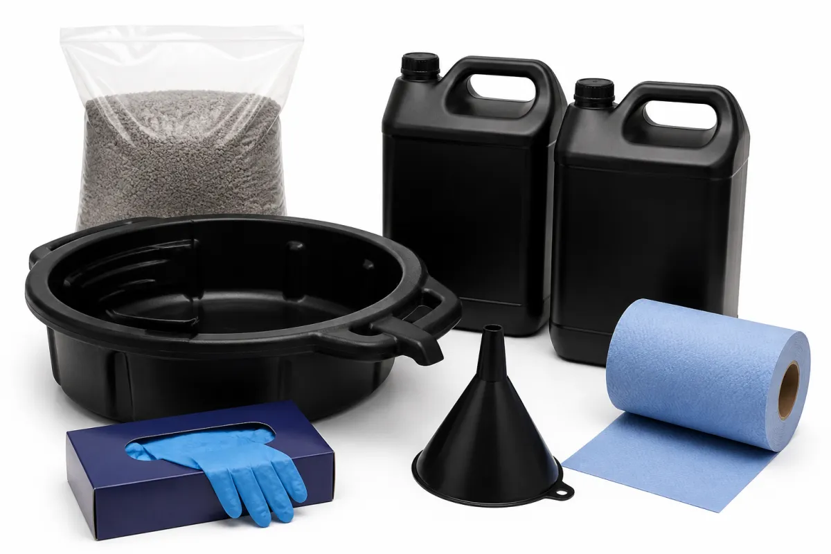 An oil-change and spill kit: a black drain pan, a funnel, two sealable plastic containers, nitrile gloves, a bag of absorbent granules and a roll of paper towel