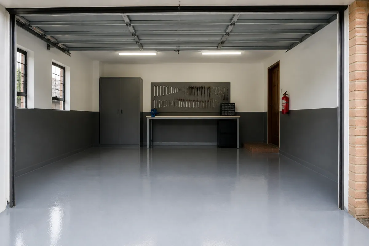 A tidy single home garage with a light grey coated floor, a steel workbench, a pegboard of hand tools and a fire extinguisher beside the inside door