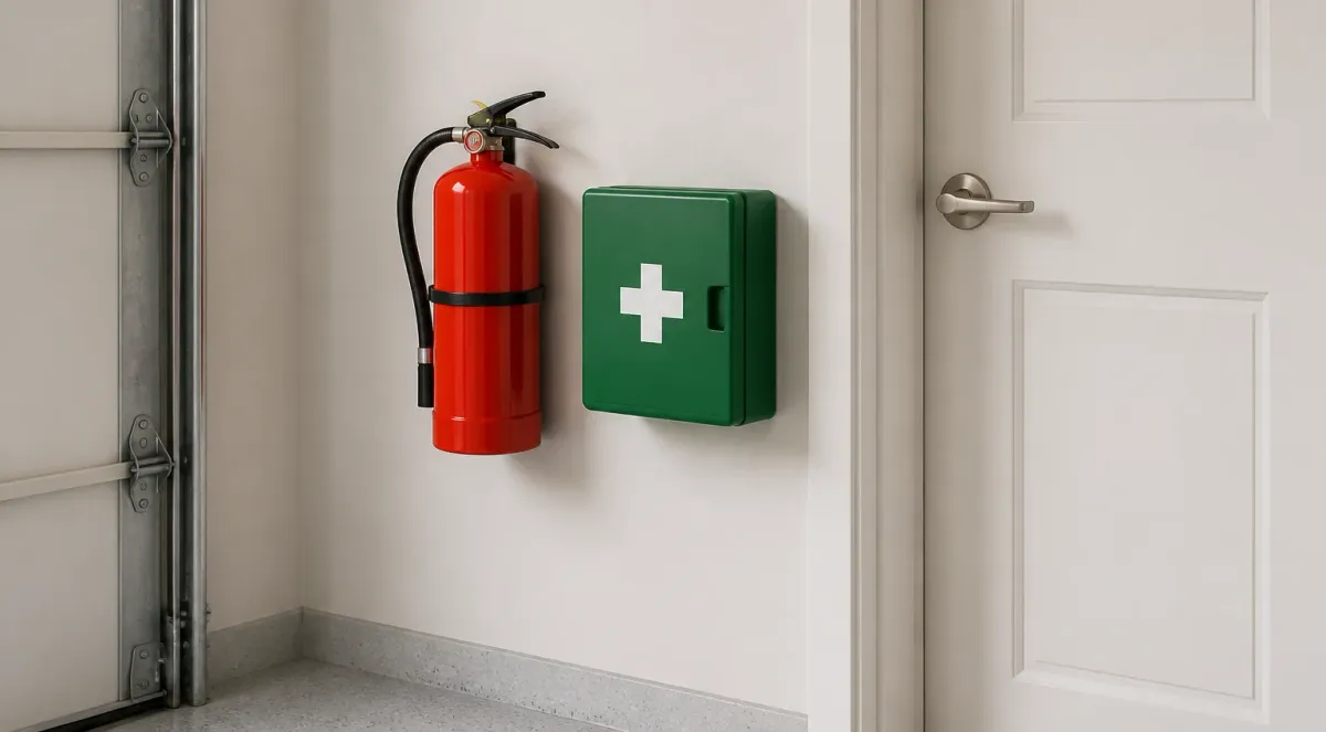 A red dry powder fire extinguisher and a green first-aid box mounted on a garage wall beside the inside door