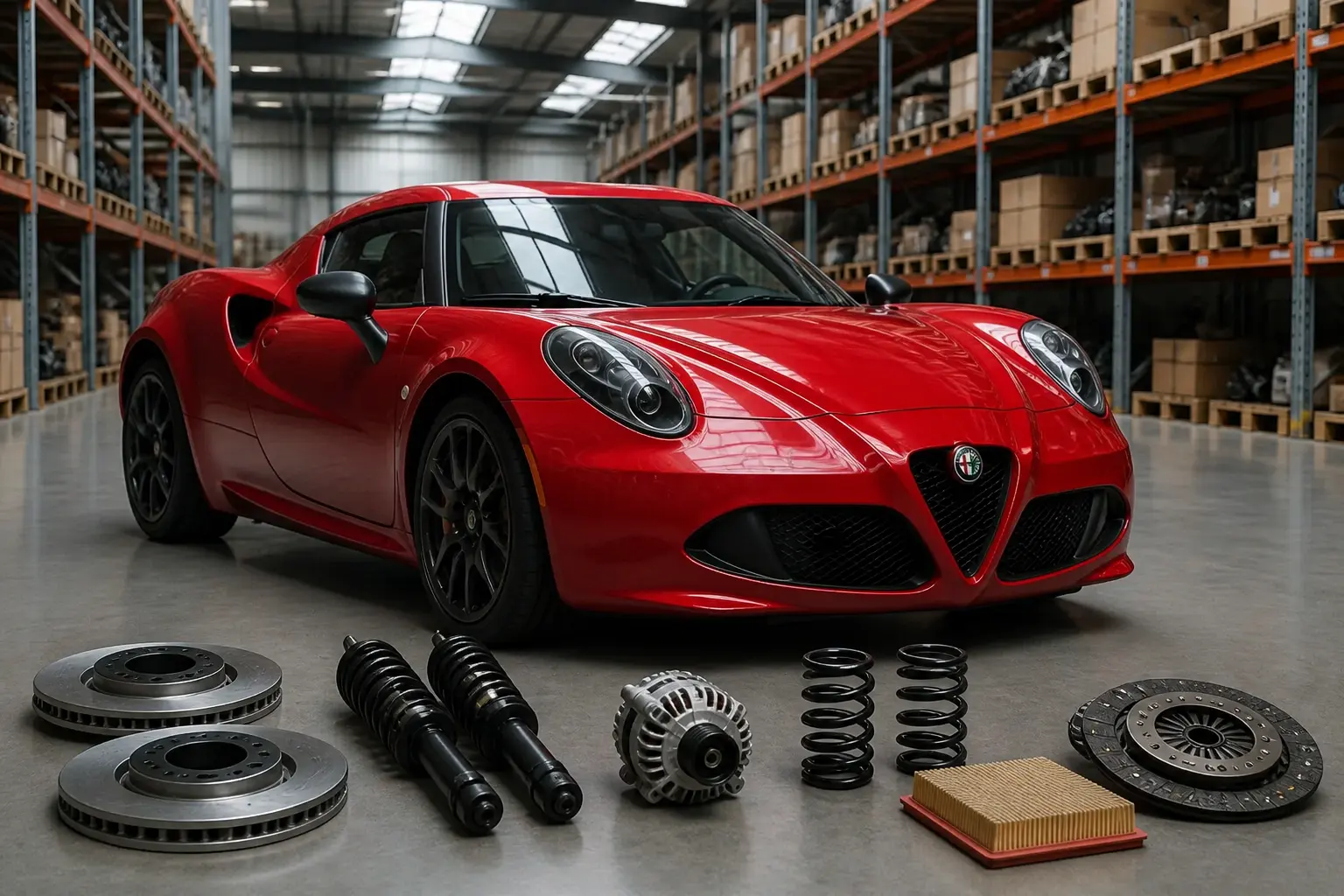 Alfa Romeo parts on warehouse floor in Johannesburg