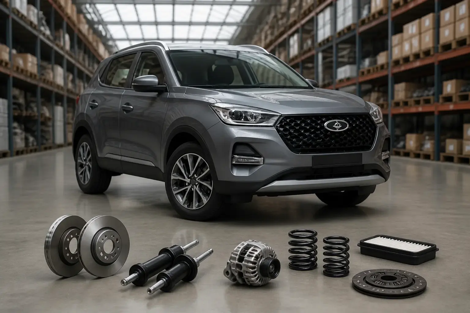 Chery parts on warehouse floor in Johannesburg