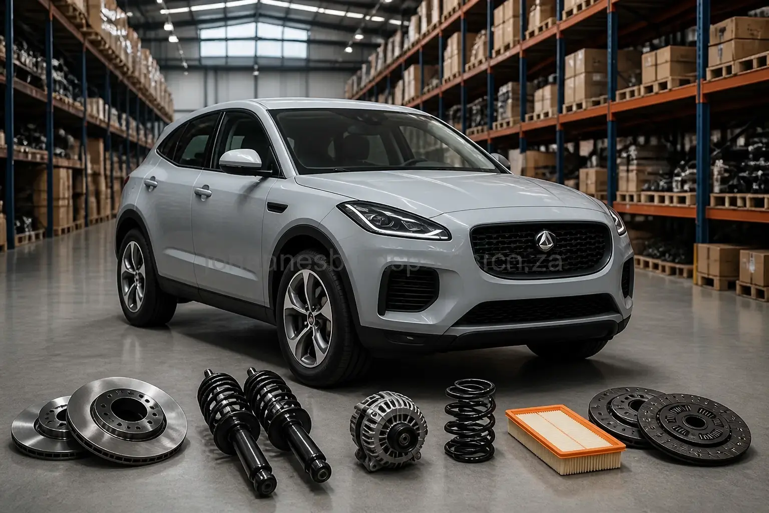 Jaguar parts on warehouse floor in Johannesburg