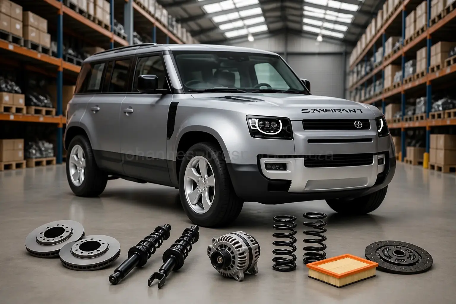 Land Rover parts on warehouse floor in Johannesburg