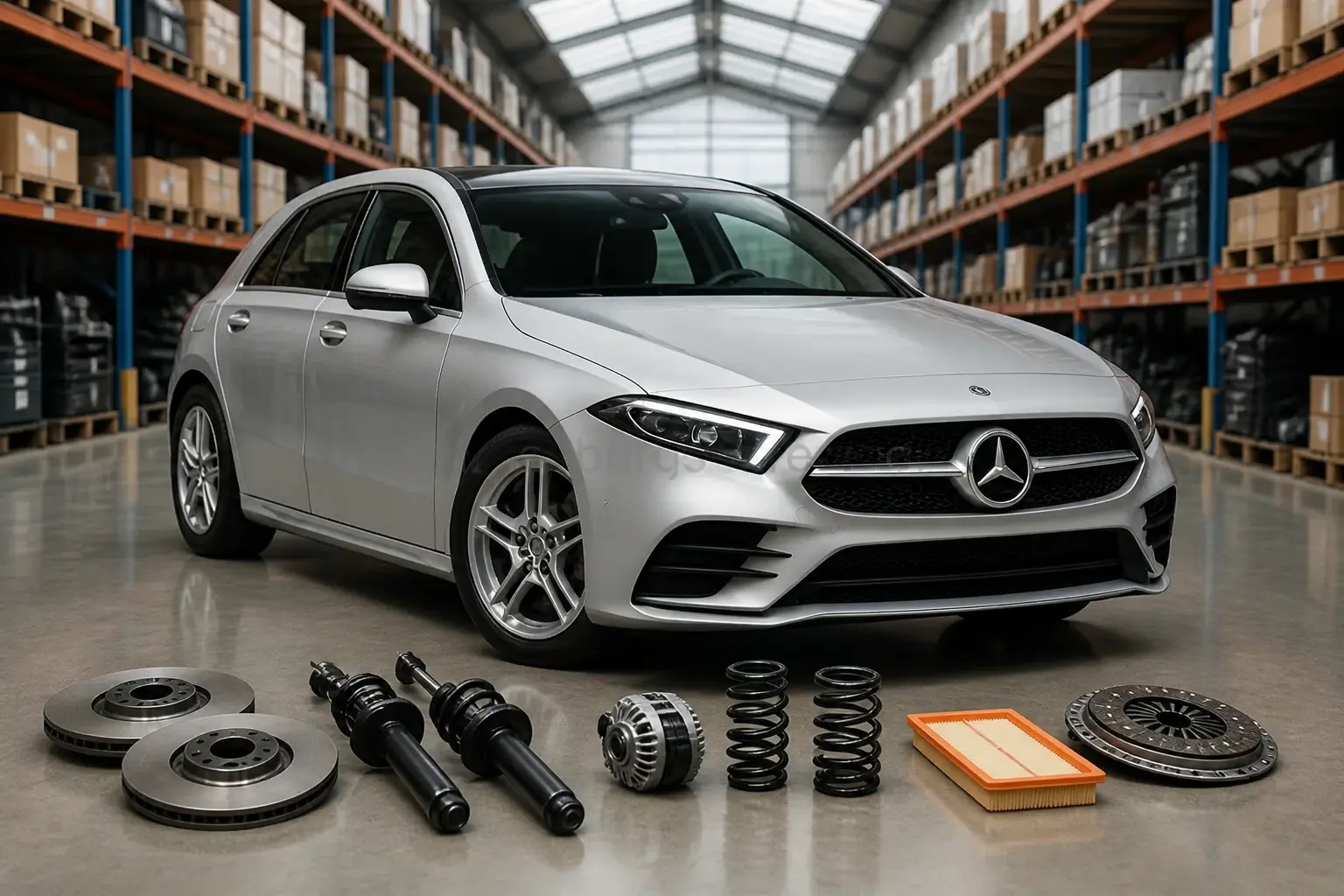 Mercedes-Benz parts on warehouse floor in Johannesburg